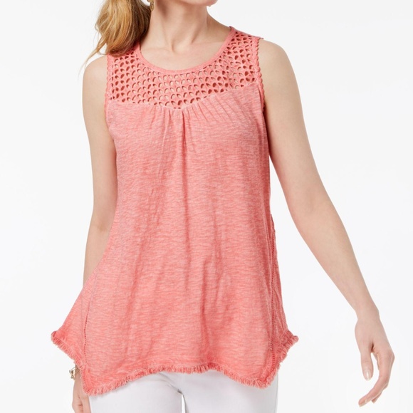 Style & Co. Tops - Style & Co Cotton Lattice-Detail Muted Pink Top